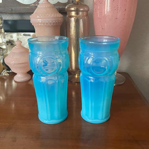 Pair Wheaton Glass Blue Opalescent Glass Bullseye 16 oz. Tumblers 6 3/4" - Picture 2 of 8
